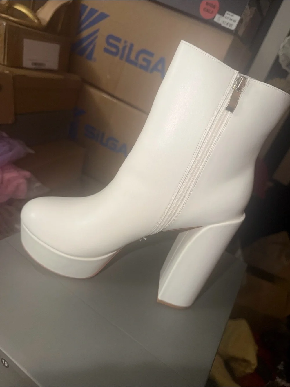 White Platform Block Heel Ankle Boots